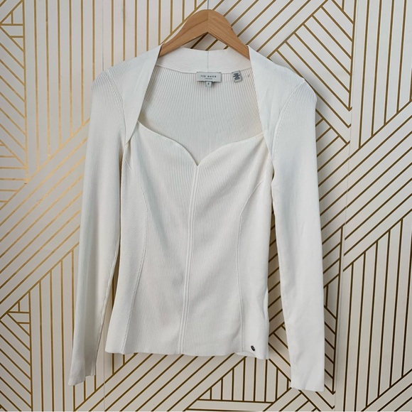 Ted Baker Helenh Sweetheart Neckline Ivory Cream Knit Top ribbed sweater size 2 - Picture 9 of 9